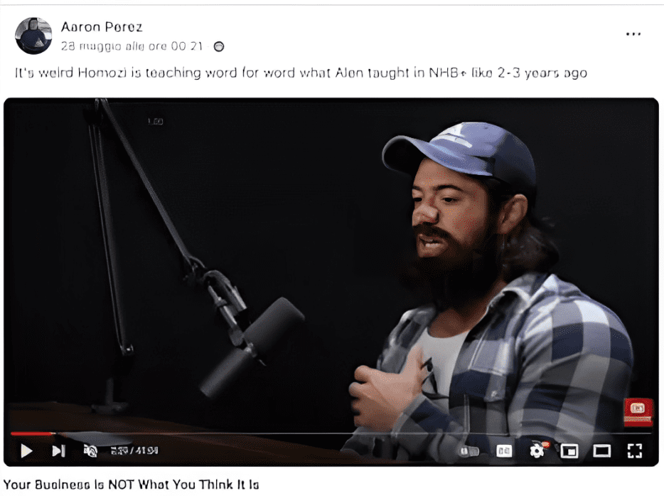 Screenshot del post su Facebook che accusa Alex Hormozi di insegnare parola per parola ciò che Alen Sultanic ha insegnato 2-3 anni fa nel gruppo Nothing Held Back.