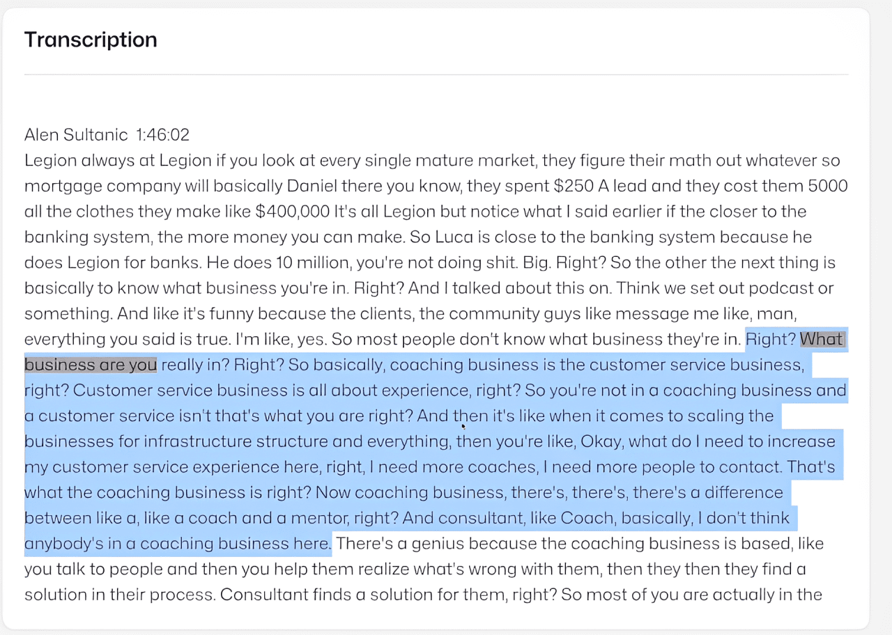 Trascrizione di Alen Sultanic che descrive il business del coaching come un business di customer service e l'importanza di scalare il numero di persone nel customer service per migliorare l'esperienza del cliente.