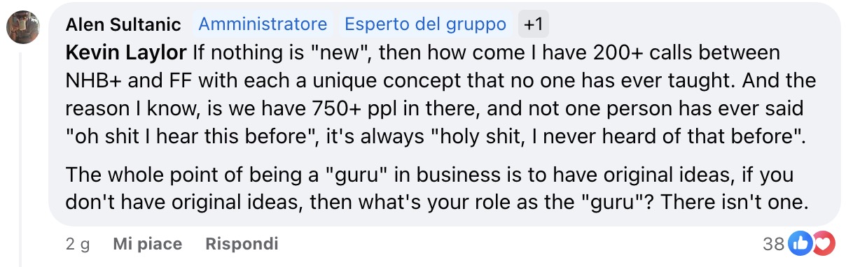 Commento di Alen Sultanic su Facebook in cui afferma che il punto di essere un guru nel business è avere idee originali e che se non hai idee originali, non hai un ruolo come guru.